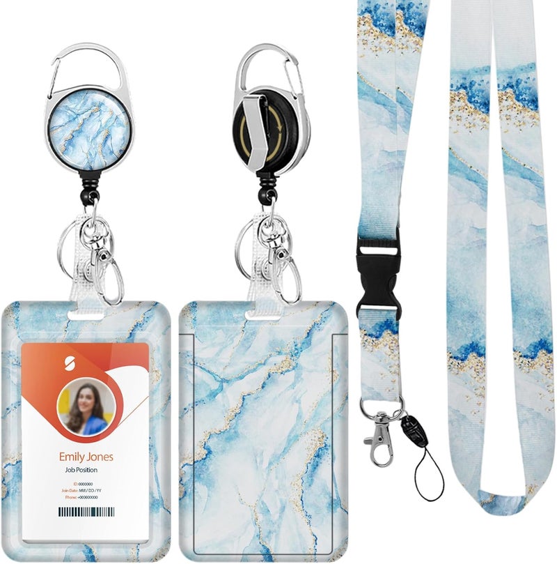 Boutilon ID Badge Holder with Lanyard,Retractable ID Badge Card Holders Detachable Neck Lanyard Strap with Badge Reel and Vertical ID Holder for Nurse Students Teachers Office Staff(Marble Light Blue) - Image 1